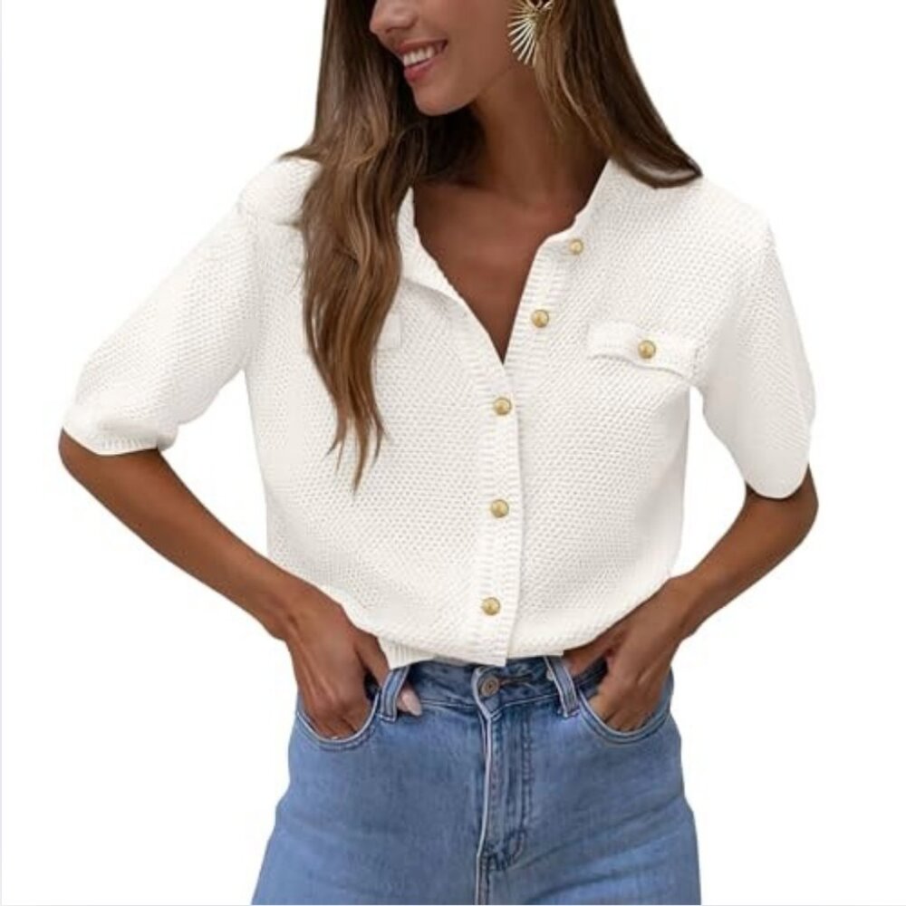 PRETTYGARDEN Women’s Summer Button Down Shirts Casual Short Sleeve Crew Neck Rib